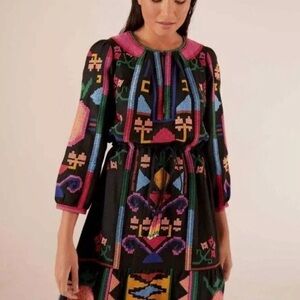 Farm Rio Black Cross Stitch Midi Dress NWOT